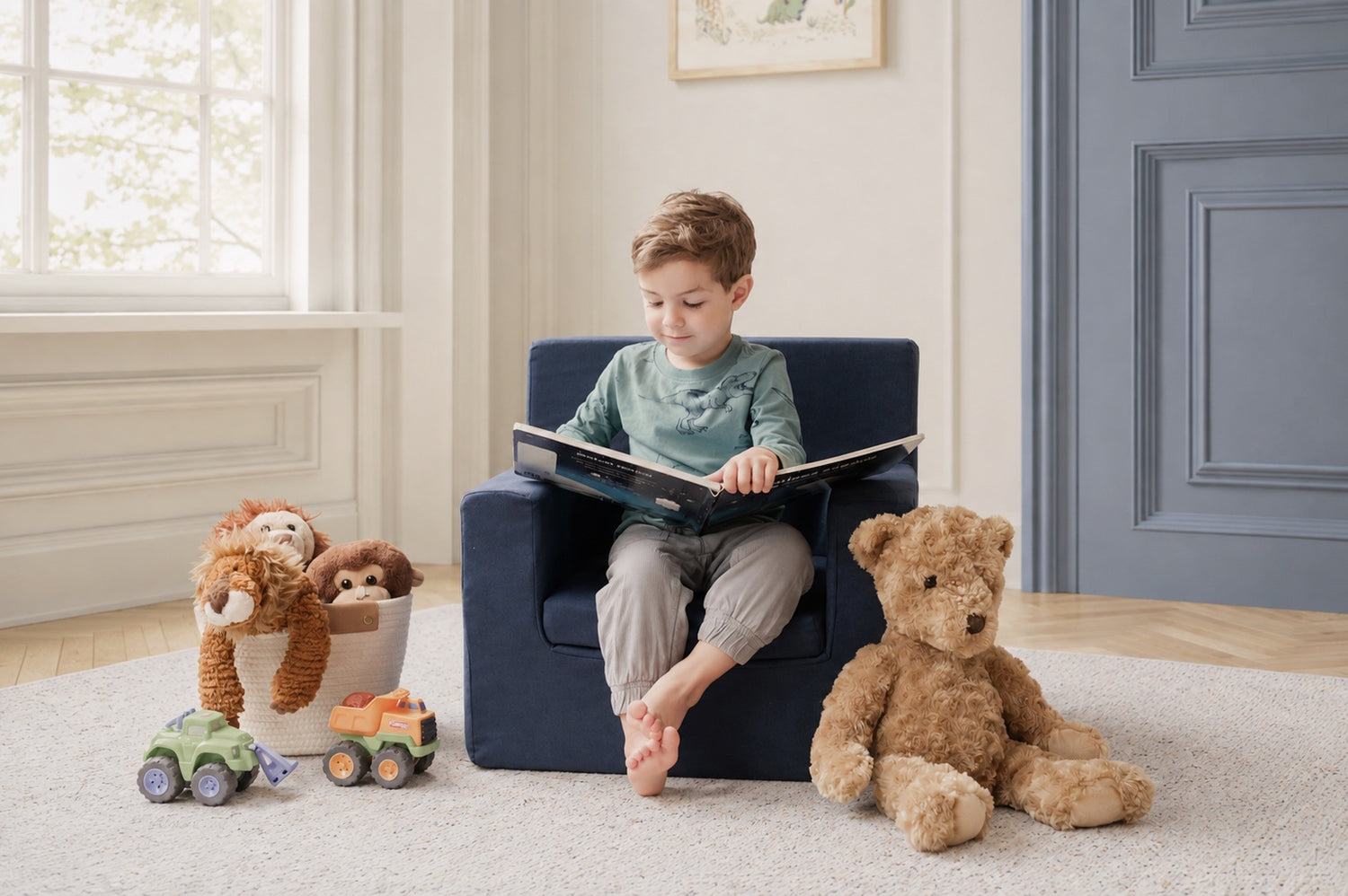 Niño leyendo en su sillón azul marino